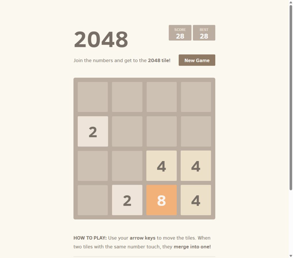 After Down: two separate 4 tiles remain at the bottom of the rightmost column. Score: 28.