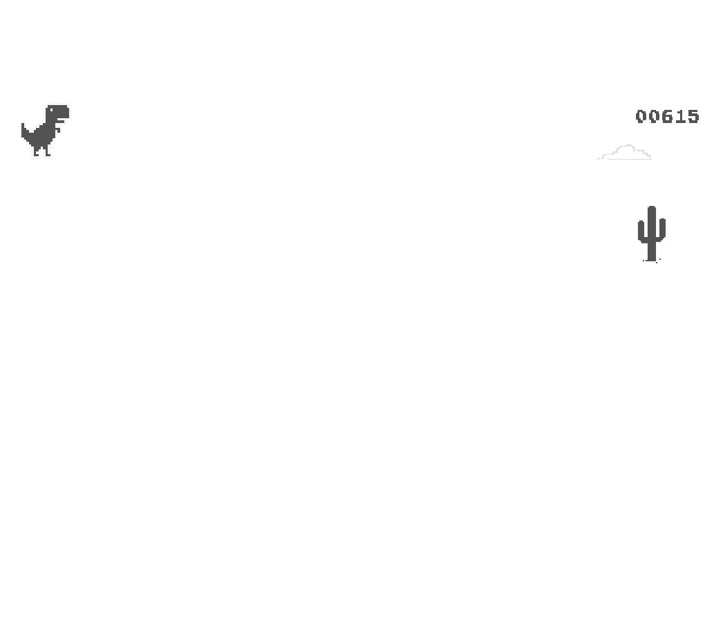 A captured jump during the local T-Rex run. The visible score is 615; a cactus is approaching from the right.